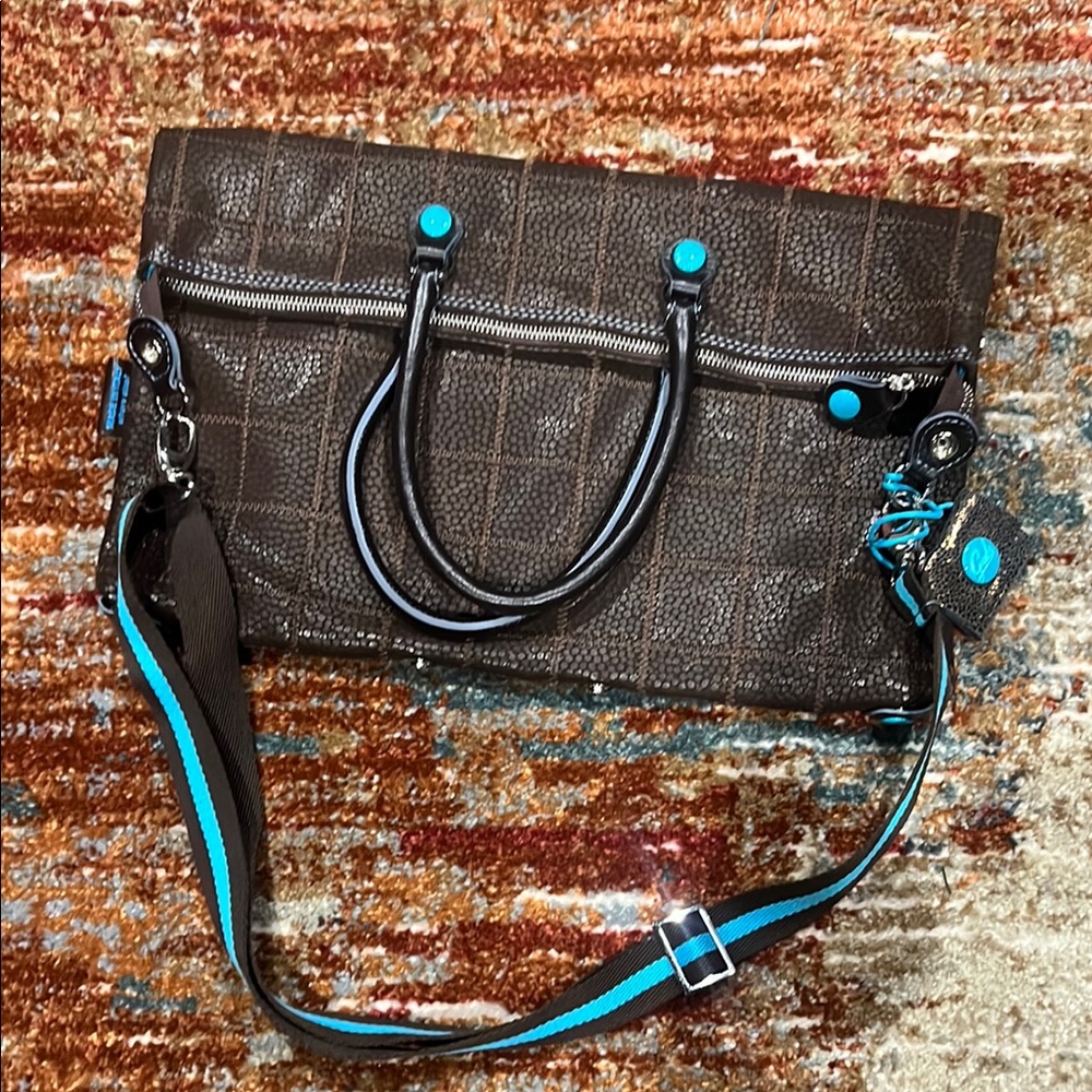 Gabs Leather Textured Tote Bag with Blue Accents - Picture 2 of 2